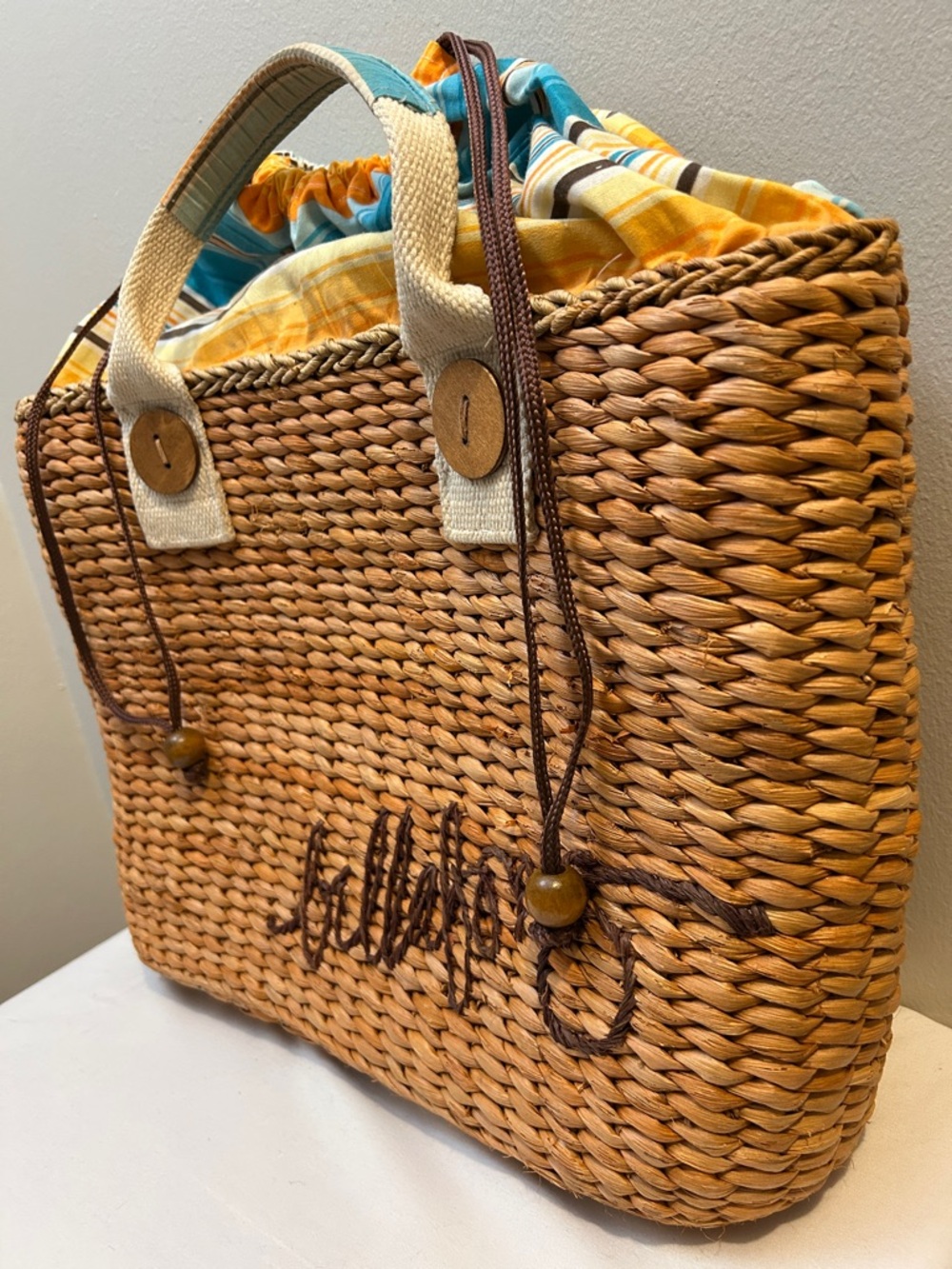 Billabong Woven Straw Tote with Yellow & Teal Striped Lining - Picture 2 of 14